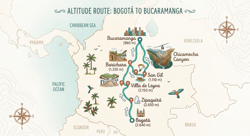 Travel route Bogota, Villa de Leyva, Barichara, Bucaramanga
